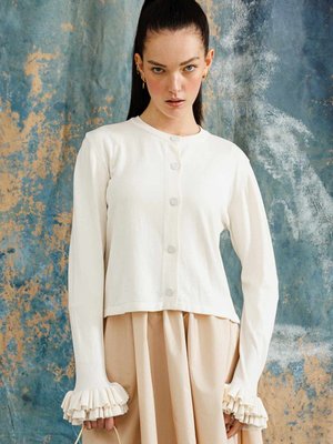 Volanlı Midi Boy Hırka Krem