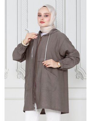 Koyu Vizon Fermuarlı Kapüşonlu Kap Koyu Vizon Fermuarlı Kapüşonlu Kap