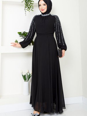 Kolları İşlemeli Abiye Elbise M Siyah Kolları İşlemeli Abiye Elbise M Siyah