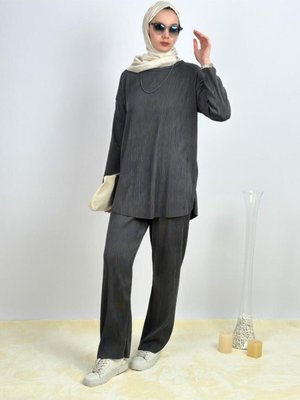 Pantolonlu Yırtmaçlı Alt Üst İkili Takım Gri