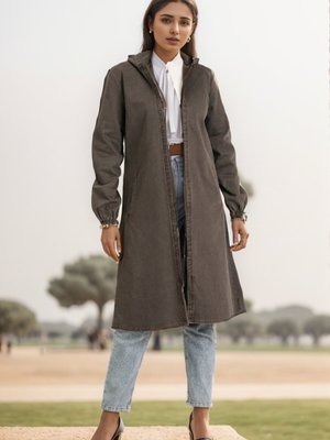 Kahverengi Kapüşonlu Fermuarlı Kot Kap Kahverengi Kapüşonlu Fermuarlı Kot Kap