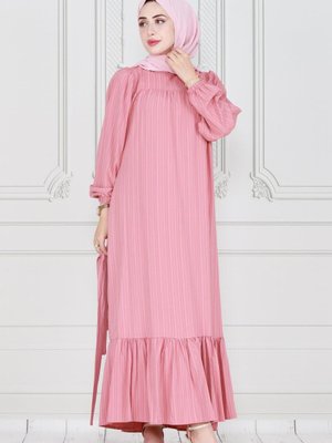 Robalı Kuşaklı Ada Elbise Pudra Robalı Kuşaklı Ada Elbise Pudra