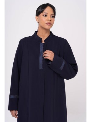 Lacivert Hakim Yaka Tafta Ve İşleme Detaylı Astarlı Büyük Beden Pardesü