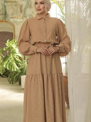 Camel Kendinden Dokulu Kuşaklı Uzun Balon Kollu Yazlık Aerobin Elbise Camel Kendinden Dokulu Kuşaklı Uzun Balon Kollu Yazlık Aerobin Elbise