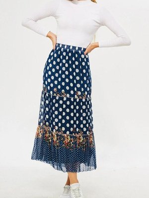 Mavi Beli Lastikli Astarlı Şifon Uzun Etek