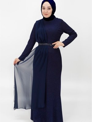 Lacivert Simli Kumaş Pelerinli Abiye Elbise Lacivert Simli Kumaş Pelerinli Abiye Elbise