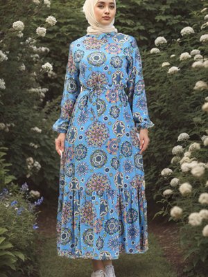 Mavi Viskon Desenli Kuşaklı Elbise Mavi Viskon Desenli Kuşaklı Elbise