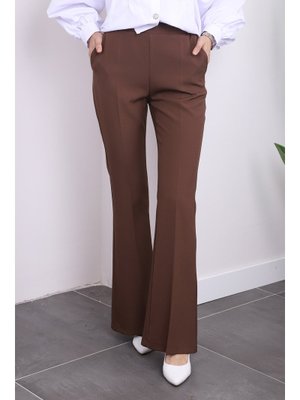 Kahverengi Bel Lastikli Cepli İspanyol Paça Pantolon Kahverengi Bel Lastikli Cepli İspanyol Paça Pantolon