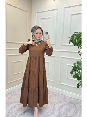 Kahverengi Omuz Fırfır Detaylı Terikoton Elbise