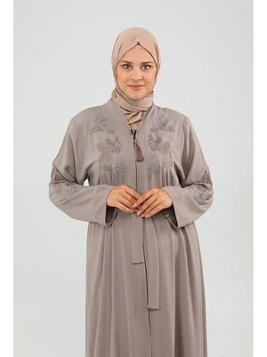 Çiçek Desenli Nakışlı Abaya Sütlü Kahve