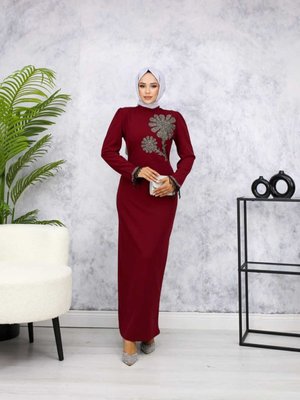 Bordo Papatya Abiye Elbise