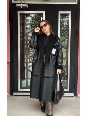 İçi Kürklü Oversize Siyah Deri Kaban