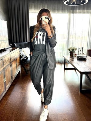 Antrasit Paça Düğmeli Deri Pantolon