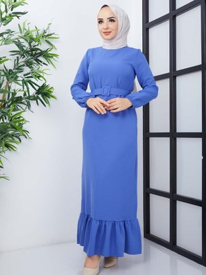 Mavi Gülce Krep Elbise