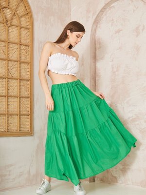 Yeşil Cepli Asimetrik Kesim Fırfırlı Beli Lastikli Kat Salaş Spor Uzun Kloş Etek Yeşil Cepli Asimetrik Kesim Fırfırlı Beli Lastikli Kat Salaş Spor Uzun Kloş Etek
