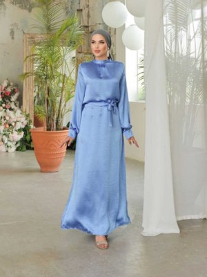 İndigo Saten Uzun Balon Kol Özel Gün / Mezuniyet Şık Abiye Elbise İndigo Saten Uzun Balon Kol Özel Gün / Mezuniyet Şık Abiye Elbise