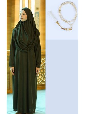 Boydan Giymeli Haki Yeşili Namaz Elbisesi Ve 99'luk İnci Tesbih Boydan Giymeli Haki Yeşili Namaz Elbisesi Ve 99'luk İnci Tesbih