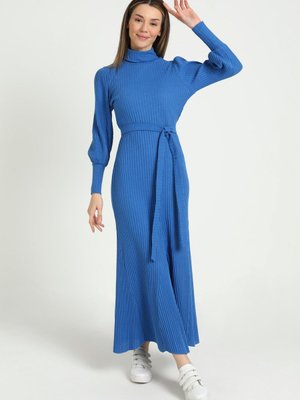 Saks Kemerli Örme Kaşkorse Elbise Saks Kemerli Örme Kaşkorse Elbise