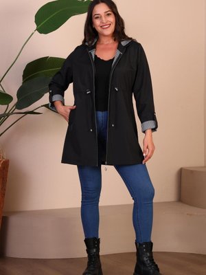 Kadin Kisa Tesettur Trenckot Buyuk Beden Fermuarlı Trenc