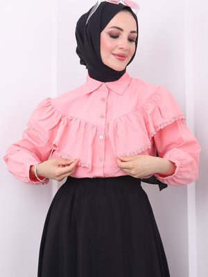 Pudra Ön Katlı Güpürlü Gömlek