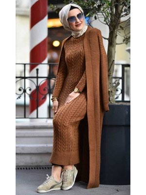 Kiremit Saç Örgü Desenli Triko Elbise Ceket Takım