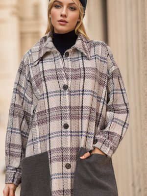 Ekru Mor Ekose Desenli Düğmeli Kaban