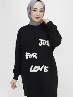 Siyah Önü Tüy Baskılı İp Kumaş Sweatshirt Siyah Önü Tüy Baskılı İp Kumaş Sweatshirt