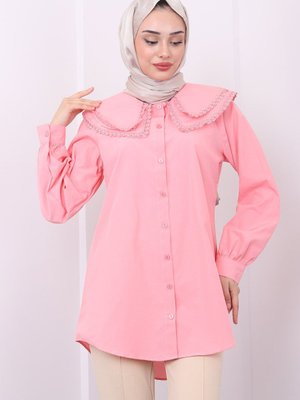 Pudra Bebe Yaka Güpürlü Gömlek