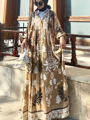 Camel Ekru Kamel Desenli Viskon Elbise