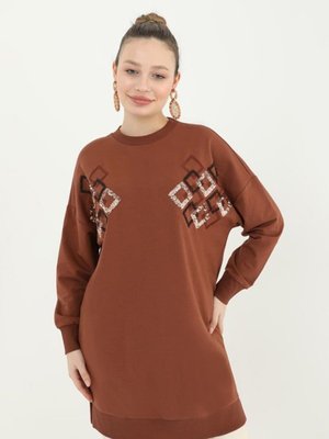 Kahverengi İp Kumaş Boncuk Ve Pul Detaylı Sweatshirt