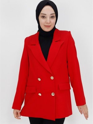 Kırmızı Sahte Cep Detaylı Kısa Boy Kruvaze Yaka Blazer Ceket Kırmızı Sahte Cep Detaylı Kısa Boy Kruvaze Yaka Blazer Ceket