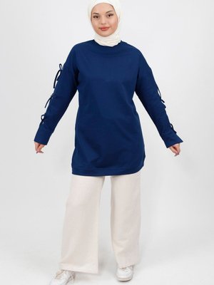 Lacivert Kolu Bağlama Detaylı İplik Kumaş Sweatshirt