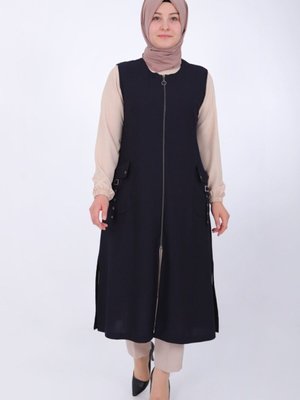 Lacivert Kuş Gözü Detaylı Fermuarlı Fitilli Ottoman Kumaş Yelek