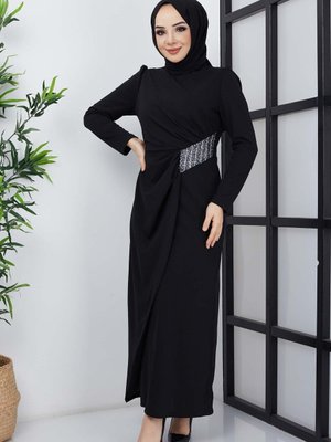 Siyah Dalya Taşlı Krep Abiye Elbise