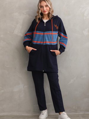 Lacivert Kot Parçalı Şeritli Alt Üst İkili Eşofman Takım