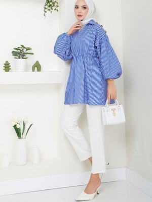 Saks Mavi Beyaz Çizgili Saten Belden Lastikli Gömlek