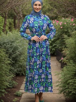 Saks Yuvarlak Desenli Düğmeli Viskon Elbise Saks Yuvarlak Desenli Düğmeli Viskon Elbise