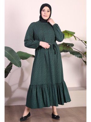Zümrüt Yeşili Kadin Büyük Beden Hakim Yaka Çıtır Viskon Elbise