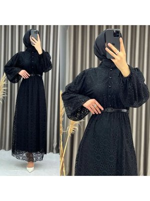 Elbise Dantel Detaylı Kemerli Astarli