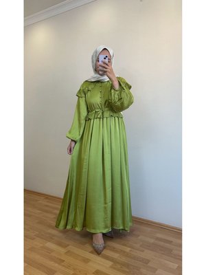 Yağ Yeşili Saten Elbise