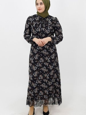 Siyah Çiçek Desenli Şifon Elbise Siyah Çiçek Desenli Şifon Elbise