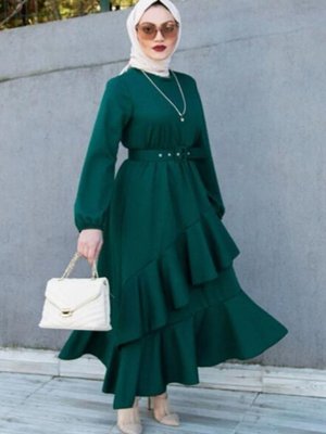 Zümrüt Volan Katlı Özel Gün Elbise