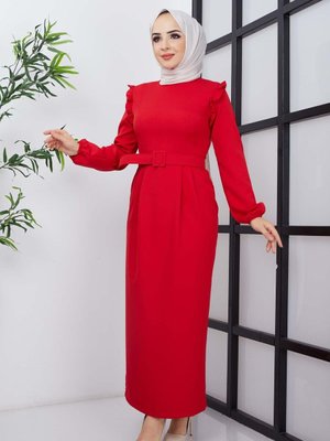 Kırmızı Çağla Atlas Elbise