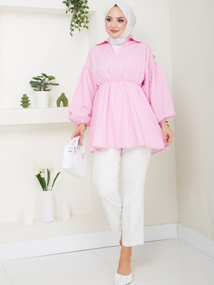 Pembe Beyaz Çizgili Saten Belden Lastikli Gömlek