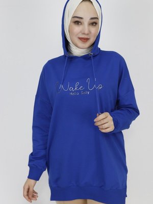 Saks İp Kumaş Yazı Baskılı Kapüşonlu Sweatshirt