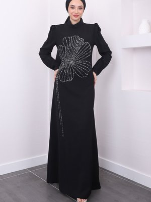 Siyah Önü Taş İşlemeli Nursema Abiye Elbise
