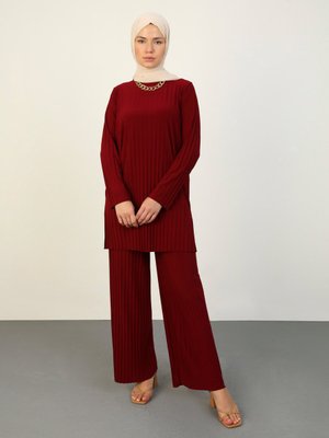 Bordo Sandy Kumaş Pliseli Takım