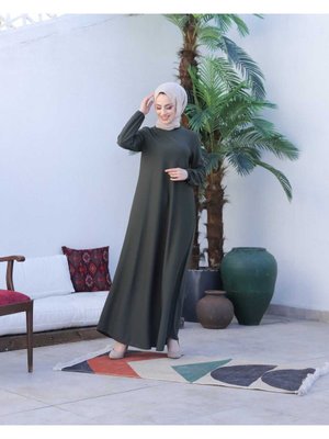 Basic Kol Ucu Lastikli Elbise Haki