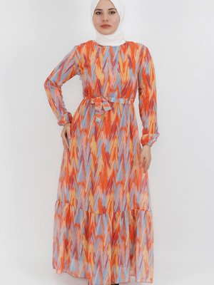 Oranj Zigzag Desenli Şifon Kumaş Elbise Oranj Zigzag Desenli Şifon Kumaş Elbise
