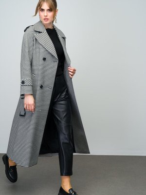 Deri Detaylı Oversize Kazayağı Desen Ara Boy Kaban Siyah